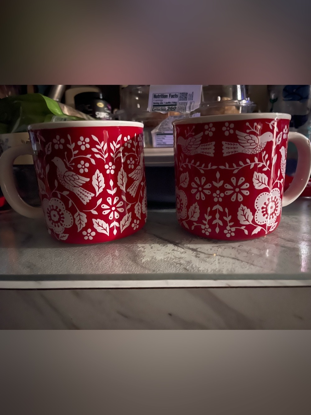 Cost Plus World Market Red and White Folk Bird Mugs (Set of 2)